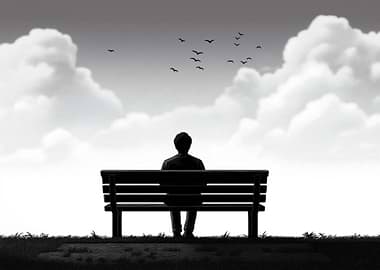 Man on bench, birds flying above