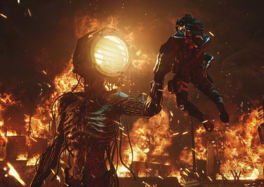 Burning Cityscape with Futuristic Figure