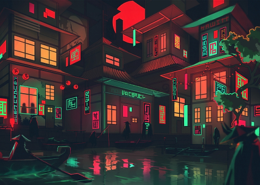 Neon-lit Asian Cityscape at Night