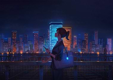 Anime Girl in Cityscape at Night