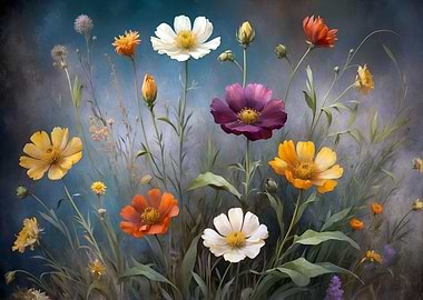 Colorful Floral Arrangement on Blue Background