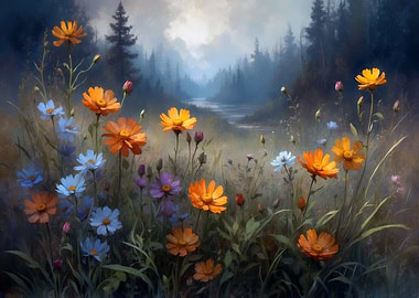 Floral Meadow by Forest Stream