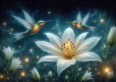 Hummingbirds and White Lily Flower