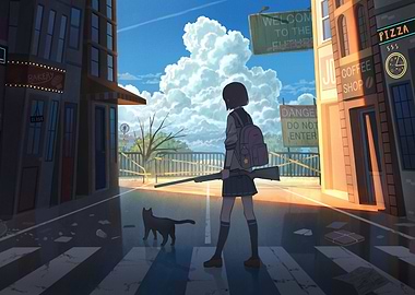 Post-Apocalyptic Girl with Rifle and Cat