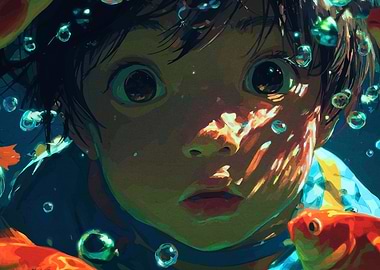 Child underwater fish and bubbles