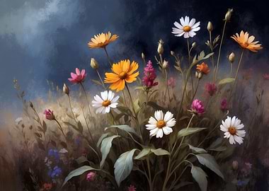 Floral Painting with Daisies and Wildflowers