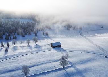 Winter Cabin in Snowy Landscape