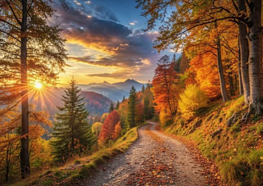 Autumn Forest Road at Sunset