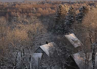 Winter landscape with snow-covered houses