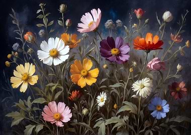 Colorful Cosmos Flowers Painting