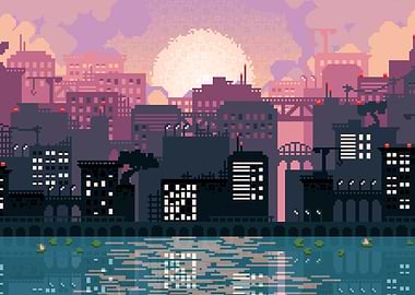 Pixel Art Cityscape at Sunset
