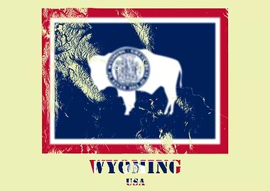 Wyoming USA State Topographic Contour Relief Map blending terrain features into its emblematic colorful flag