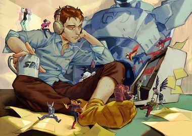 Overwhelmed Man with Superheroes and Robot