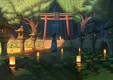 Japanese Shrine with Girl and Cats