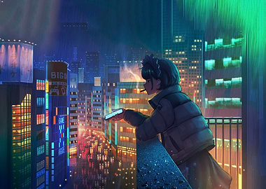 Rainy Cityscape with Anime Girl