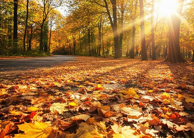 Autumn Road with Golden Leaves
