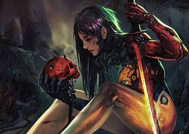 Cyberpunk Warrior with Skull and Sword