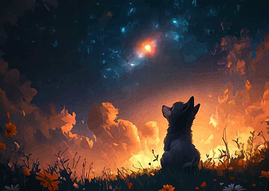 Wolf gazing at the night sky