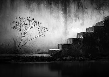 Monochrome Steps and Tree by Water