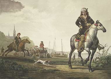 Equestrian Scene with Figures and Dog