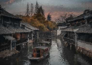 Chinese Water Town Painting