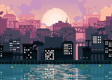 Pixel Art Cityscape at Sunset