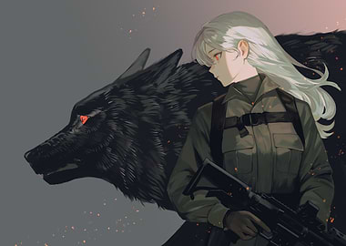 Anime Girl with Wolf and Gun