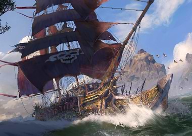 Pirate Ship Sailing on Rough Seas