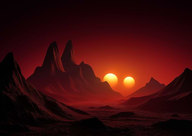 Twin Suns over Mountainous Landscape