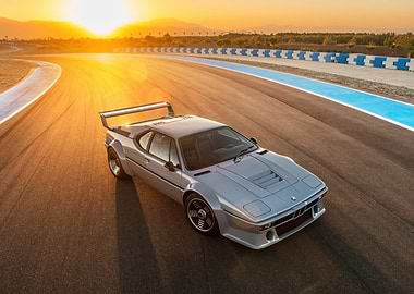 Silver BMW M1 on racetrack at sunset