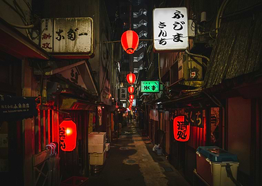 Japanese Alleyway at Night with Lanterns