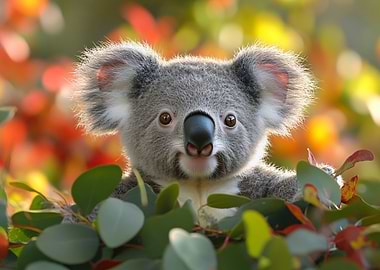 Cute Koala Portrait in Eucalyptus Tree