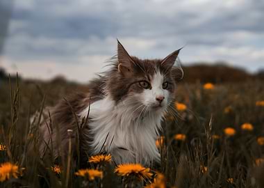 Cat in a field of dandelions