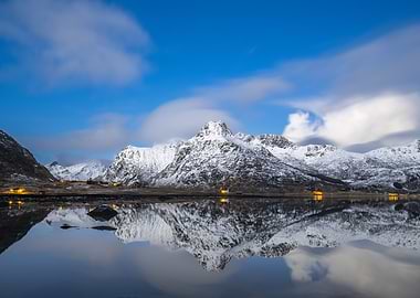 Snowy Mountains Reflection in Calm Water