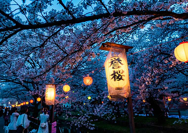 Cherry Blossoms and Lanterns at Night