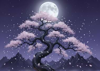 Cherry Blossom Tree Under Moonlight