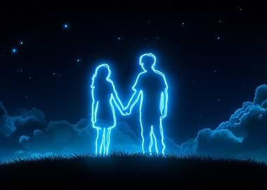 Neon Couple Holding Hands Under Stars