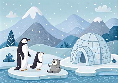 Penguins and Bear in Arctic Igloo Landscape