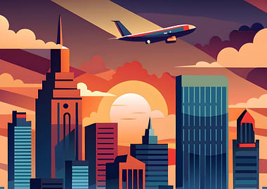 Cityscape with Airplane at Sunset