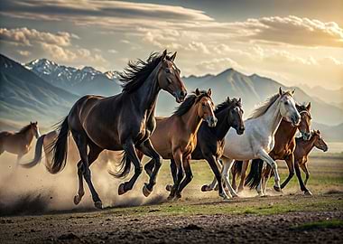 Running Horses in Mountain Landscape