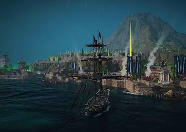 Ship Arriving at Coastal City