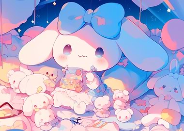 Cinnamoroll surrounded by plushies