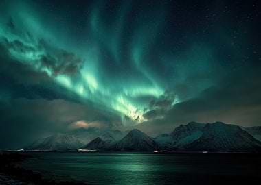 Aurora Borealis over Snowy Mountains