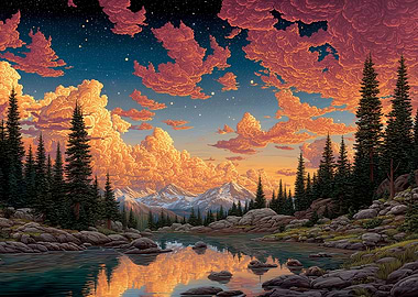 Mountain Lake Sunset Landscape Painting