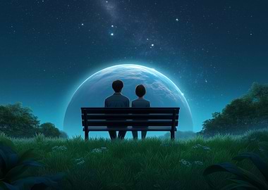 Couple on bench under starry sky