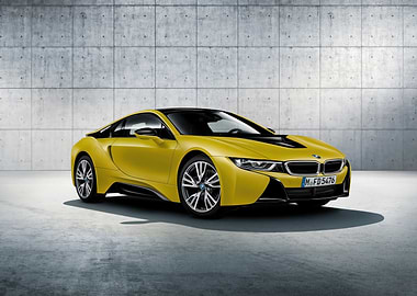 Yellow BMW i8 against concrete wall