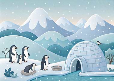 Penguin Family in Snowy Landscape