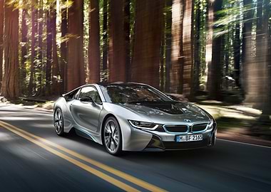 Silver BMW i8 in Forest