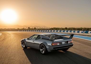 Silver BMW M1 on racetrack at sunset