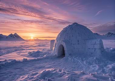 Igloo at Sunset in Winter Snow Nature
